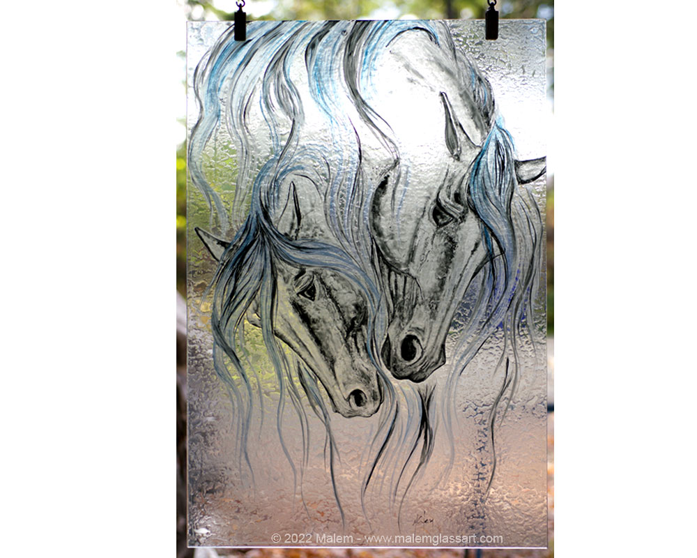 2 horses Stained Glass Painting on a fall day